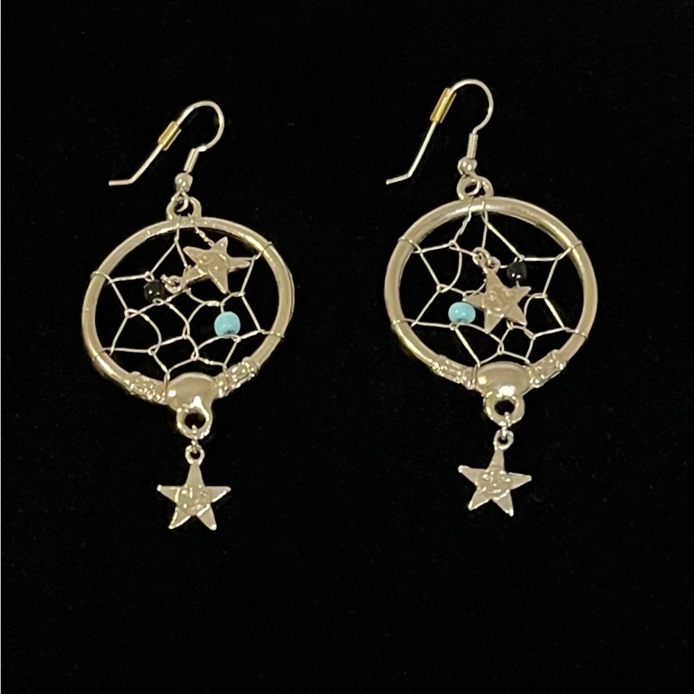 Dream Catcher Silver Tone Turquoise Colored Stone Earrings